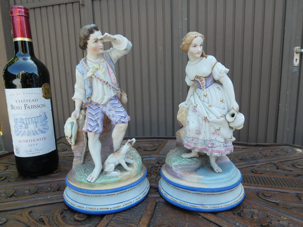 PAIR antique Vieux paris porcelain bisque Sculpture statue boy girl dog