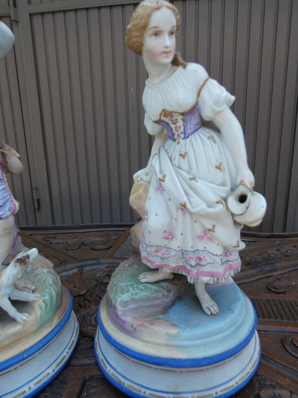 PAIR antique Vieux paris porcelain bisque Sculpture statue boy girl dog