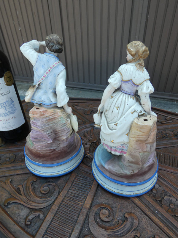 PAIR antique Vieux paris porcelain bisque Sculpture statue boy girl dog