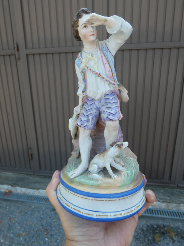 PAIR antique Vieux paris porcelain bisque Sculpture statue boy girl dog