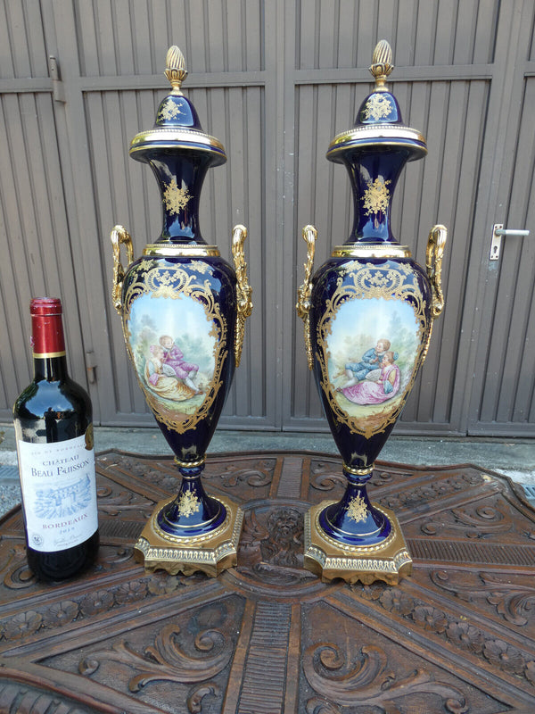 PAIR Sevres style porcelain urns Vases Carytid bronze heads victorian landscape