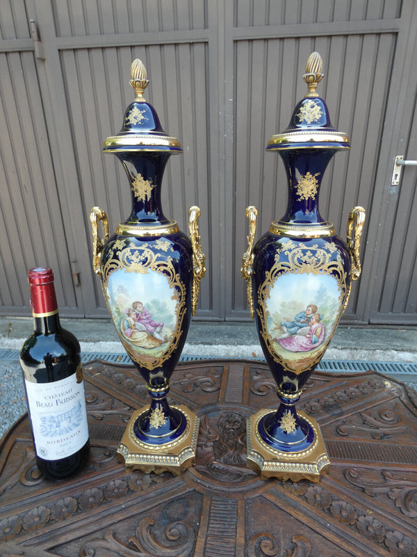 PAIR Sevres style porcelain urns Vases Carytid bronze heads victorian landscape