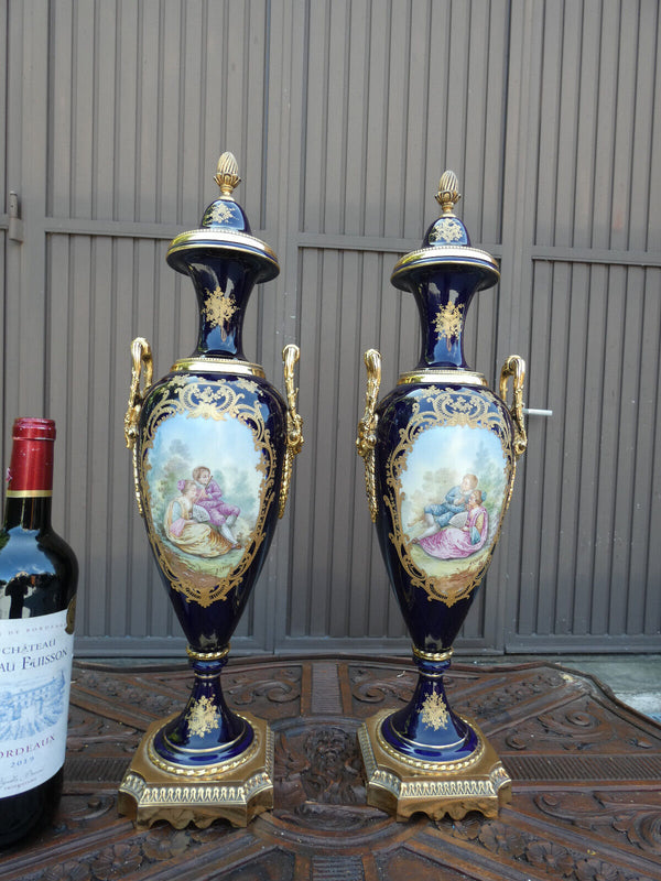 PAIR Sevres style porcelain urns Vases Carytid bronze heads victorian landscape