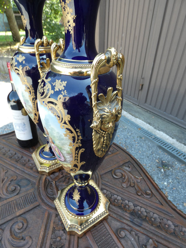 PAIR Sevres style porcelain urns Vases Carytid bronze heads victorian landscape