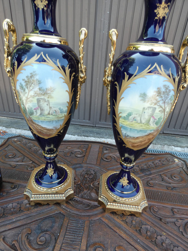 PAIR Sevres style porcelain urns Vases Carytid bronze heads victorian landscape