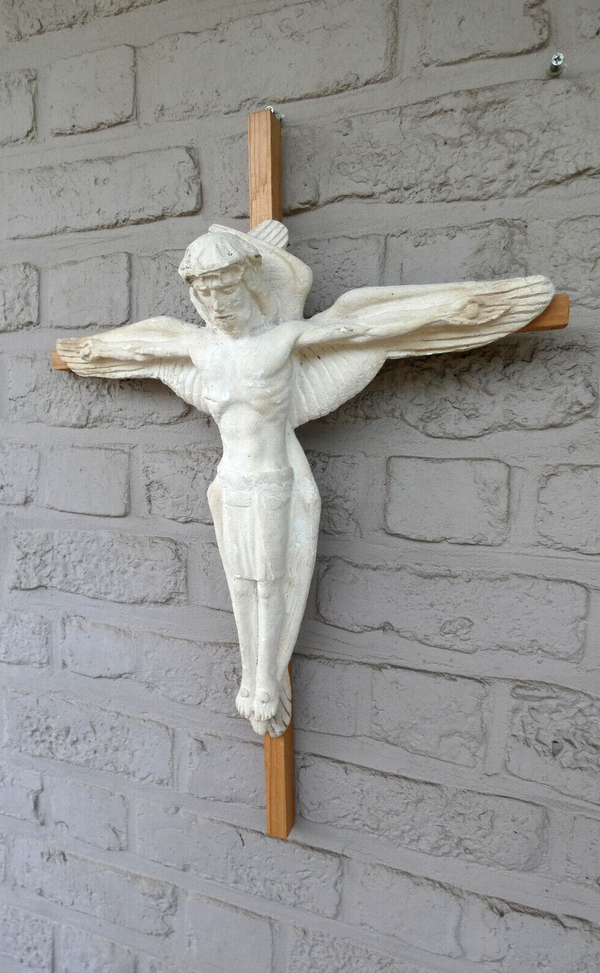 Rare Antique ceramic jesus winged as angel Crucifix wall religious