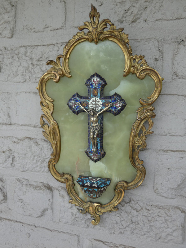 Antique 19thc bronze enamel cloisonne onyx marble crucifix holy water font rare