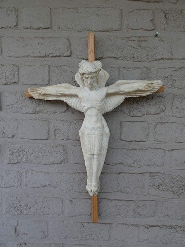 Rare Antique ceramic jesus winged as angel Crucifix wall religious