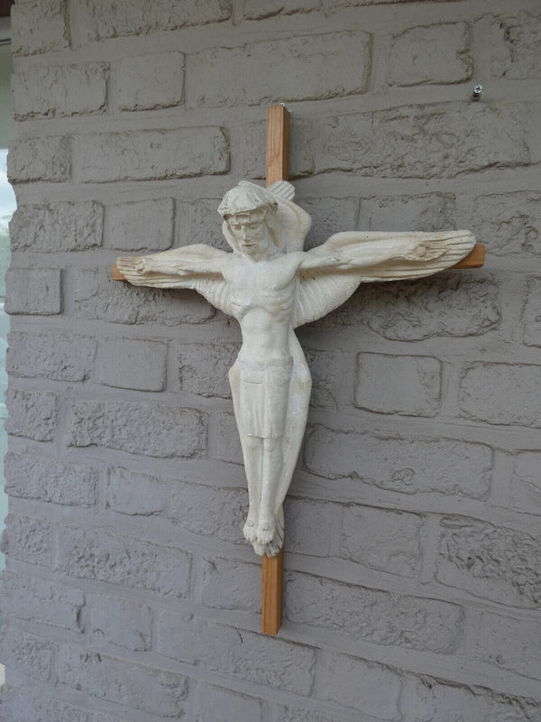 Rare Antique ceramic jesus winged as angel Crucifix wall religious