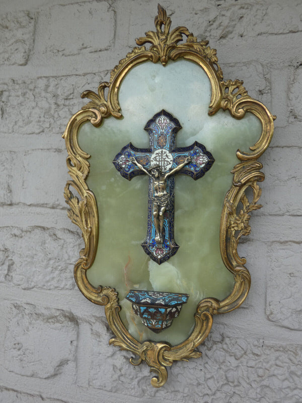 Antique 19thc bronze enamel cloisonne onyx marble crucifix holy water font rare