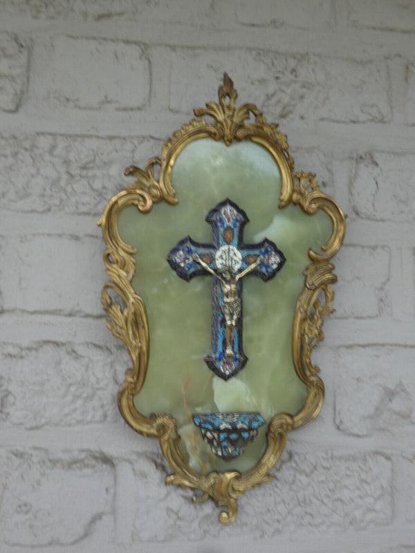 Antique 19thc bronze enamel cloisonne onyx marble crucifix holy water font rare