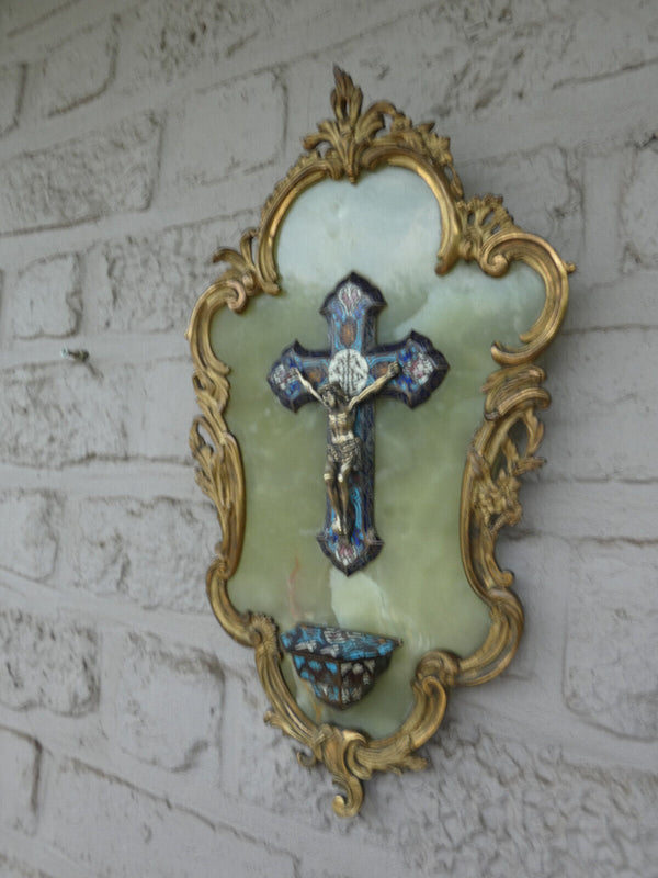 Antique 19thc bronze enamel cloisonne onyx marble crucifix holy water font rare