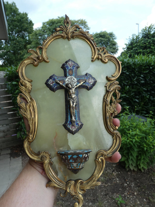 Antique 19thc bronze enamel cloisonne onyx marble crucifix holy water font rare