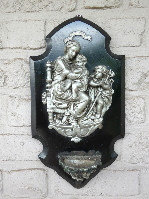 Antique French Holy water font relief metal madonna jesus john baptist