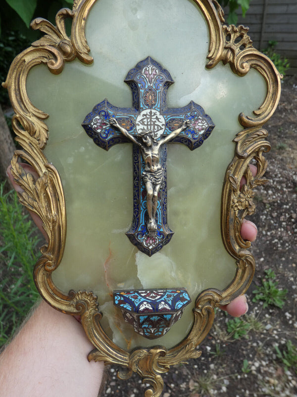 Antique 19thc bronze enamel cloisonne onyx marble crucifix holy water font rare