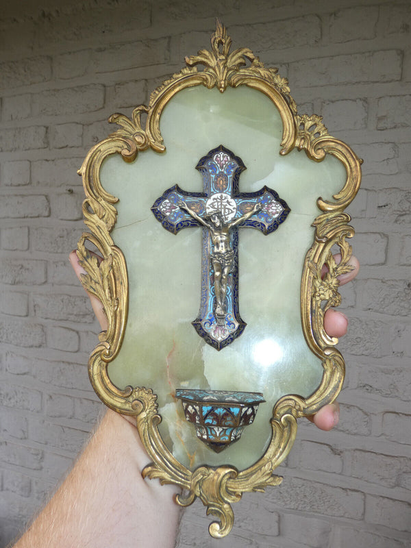 Antique 19thc bronze enamel cloisonne onyx marble crucifix holy water font rare