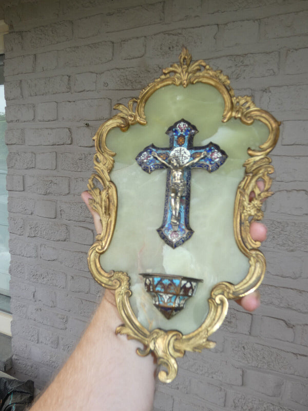 Antique 19thc bronze enamel cloisonne onyx marble crucifix holy water font rare