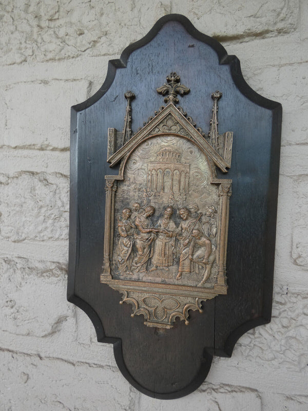 Antique Religious wall plaque napoleon III periond wood spelter bronze marriage