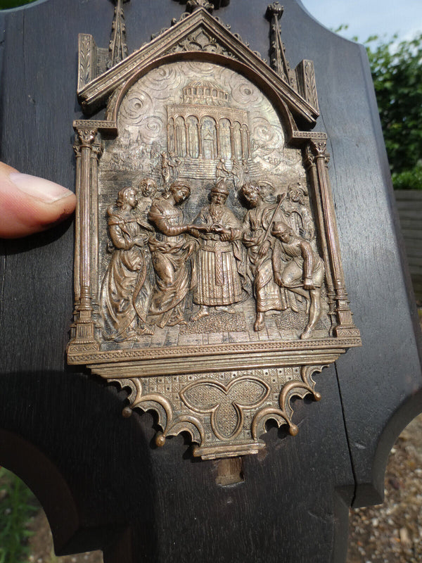 Antique Religious wall plaque napoleon III periond wood spelter bronze marriage