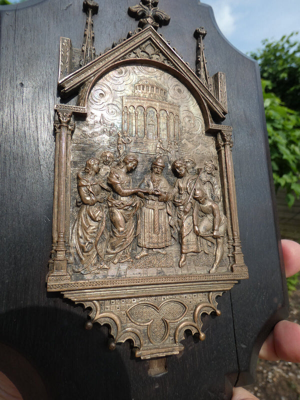 Antique Religious wall plaque napoleon III periond wood spelter bronze marriage