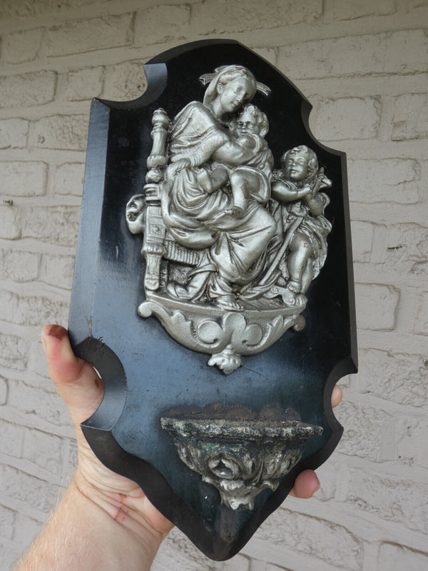 Antique French Holy water font relief metal madonna jesus john baptist