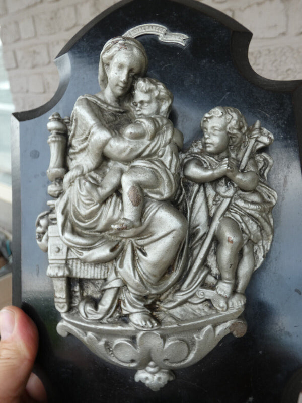 Antique French Holy water font relief metal madonna jesus john baptist