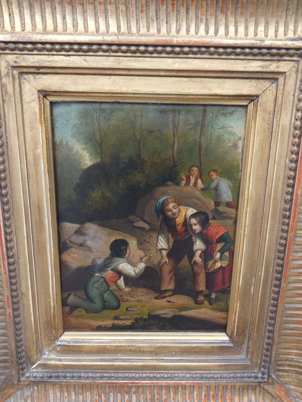 Antique Oil panel painting Chilren playing catching salamader