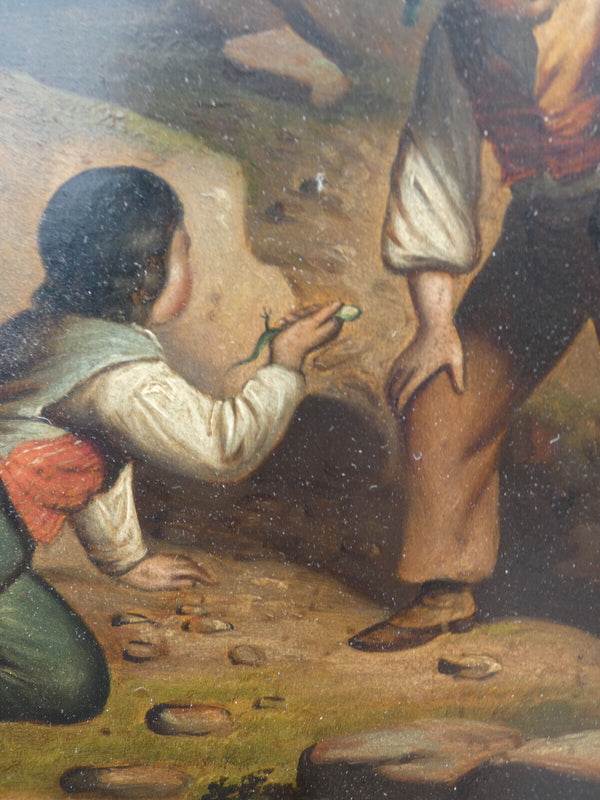 Antique Oil panel painting Chilren playing catching salamader