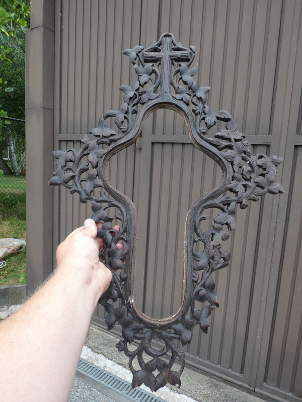 Antique large 1800s Wood carved frame with crucifix religious