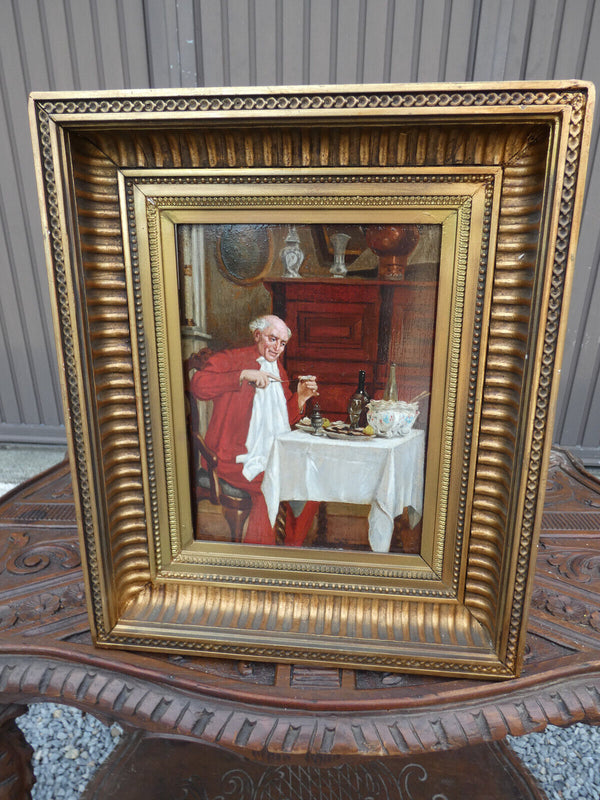 Antique  Belgian Charles Kvapil signed oil panel painting Cardinal eating oyster