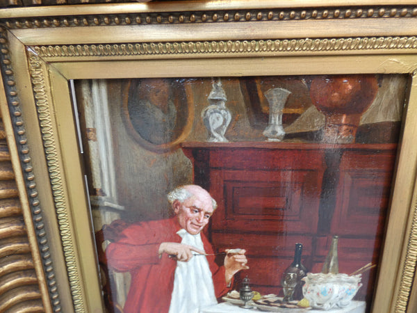 Antique  Belgian Charles Kvapil signed oil panel painting Cardinal eating oyster