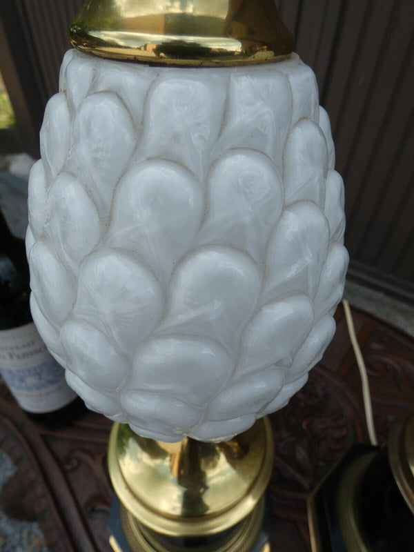 PAIR hollywood regency 1970 Metal opaline glass pineapple lamps jansen style