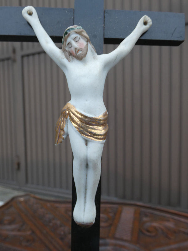 Antique Belgian Vieux andenne bisque porcelain calvary crucifix holy water font