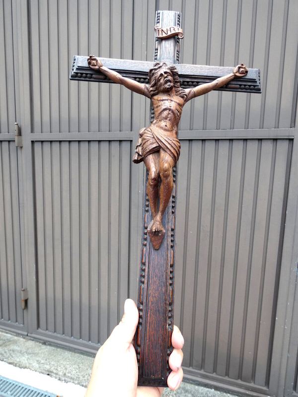 Antique French wood carved crucifix corpus christ religious