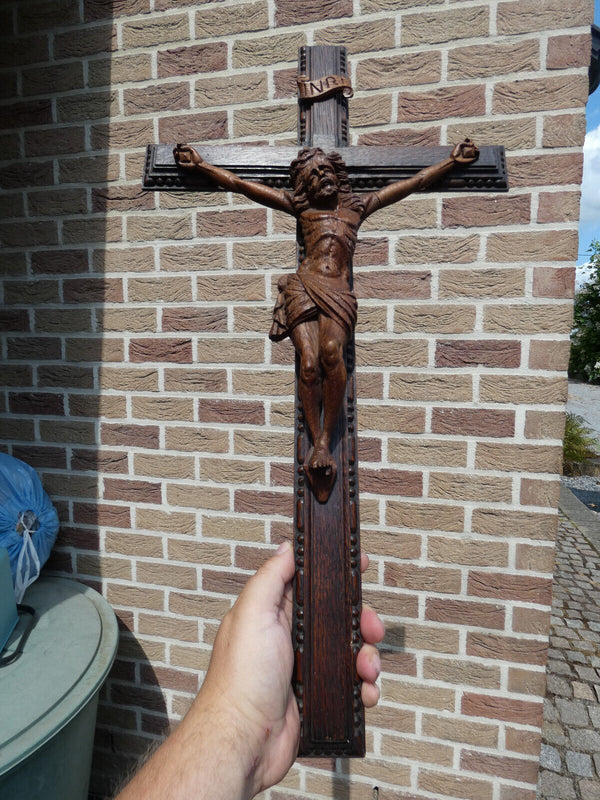 Antique French wood carved crucifix corpus christ religious