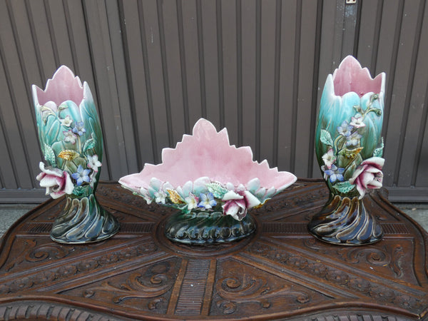 Antique set 3 Vases barbotine majolica relief floral decor mantel