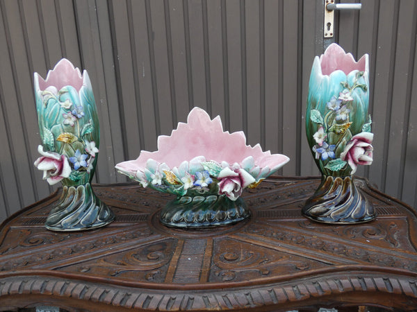 Antique set 3 Vases barbotine majolica relief floral decor mantel