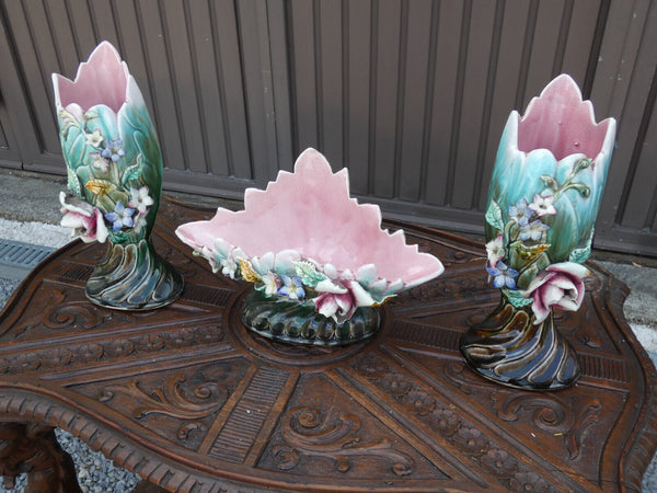 Antique set 3 Vases barbotine majolica relief floral decor mantel