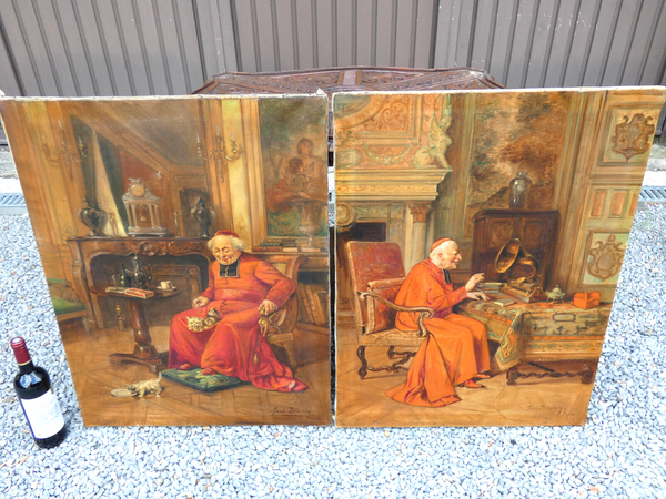 PAIR antique Bishop cardinal Belgian oil canvas painting religious cats music