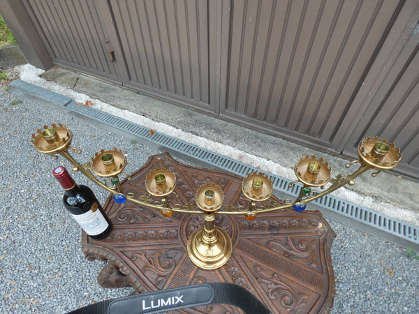 Antique French brass Altar church Canelabra candle holder stones