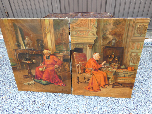 PAIR antique Bishop cardinal Belgian oil canvas painting religious cats music