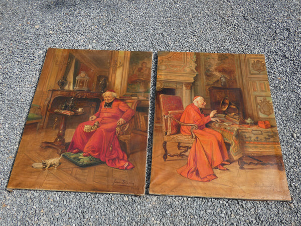 PAIR antique Bishop cardinal Belgian oil canvas painting religious cats music