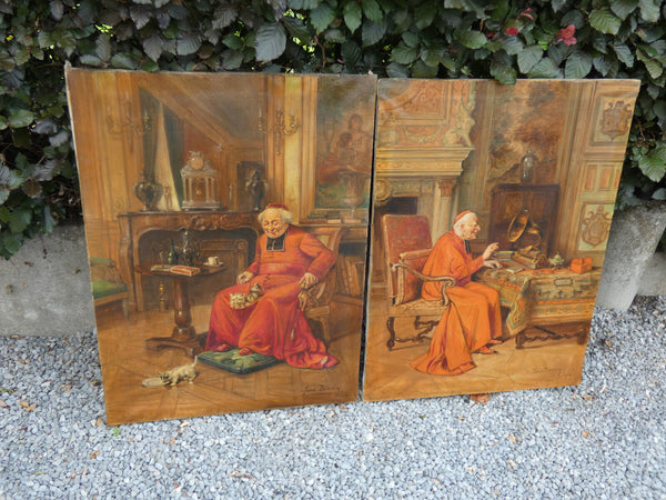 PAIR antique Bishop cardinal Belgian oil canvas painting religious cats music