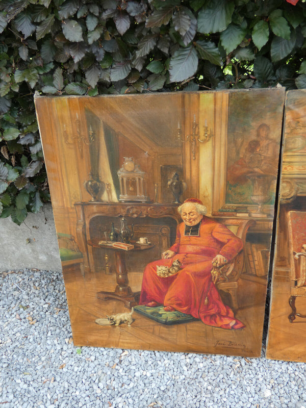 PAIR antique Bishop cardinal Belgian oil canvas painting religious cats music