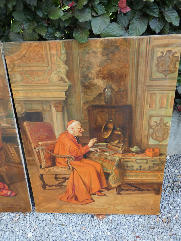 PAIR antique Bishop cardinal Belgian oil canvas painting religious cats music