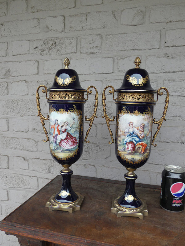 PAIR acf SEVRES porcelain marked Urn vases Victorian scene rare