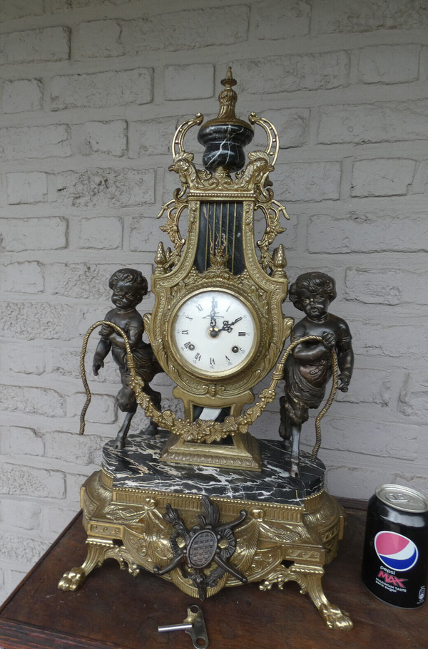 Italian  black marble bronze faun putti figural mantel clock 1970 rare