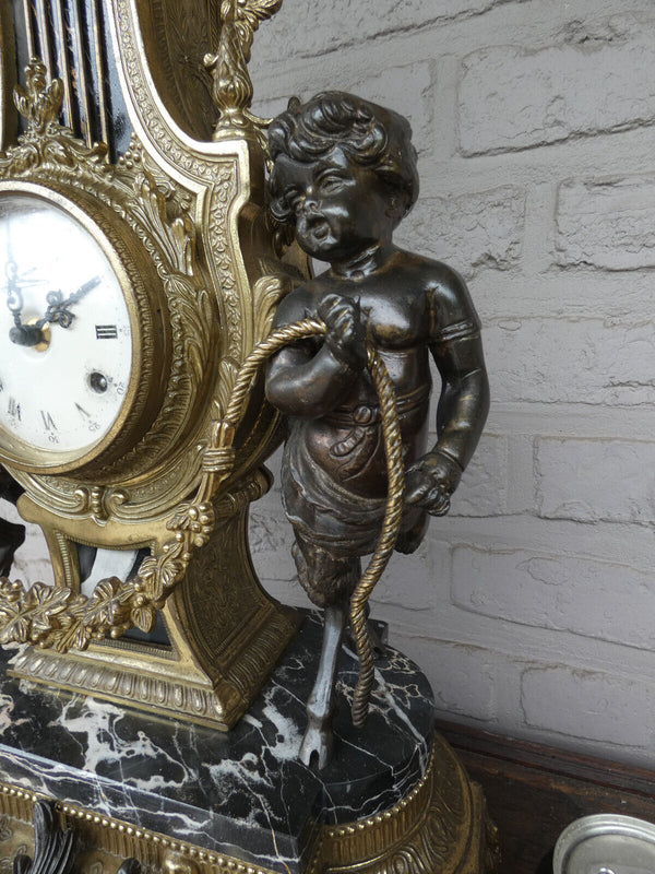 Italian  black marble bronze faun putti figural mantel clock 1970 rare