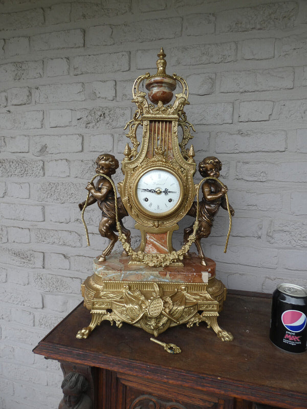 Italian  marble bronze faun putti figural mantel clock 1970 rare