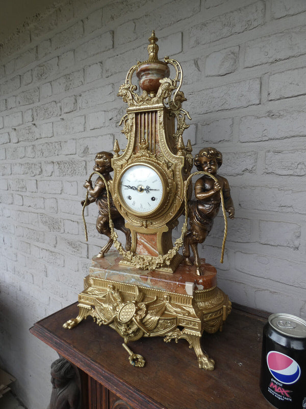 Italian  marble bronze faun putti figural mantel clock 1970 rare